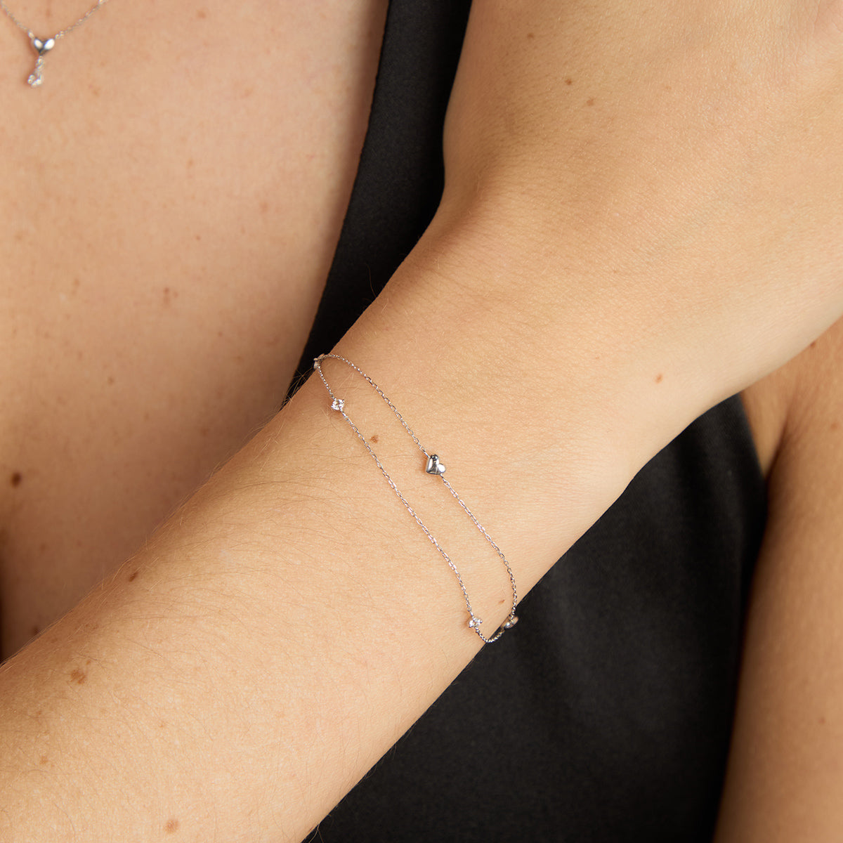 Bracelets - Heart Charm Double Chain Bracelet in Solid White Gold - Charm Bracelets - Astrid &amp; Miyu