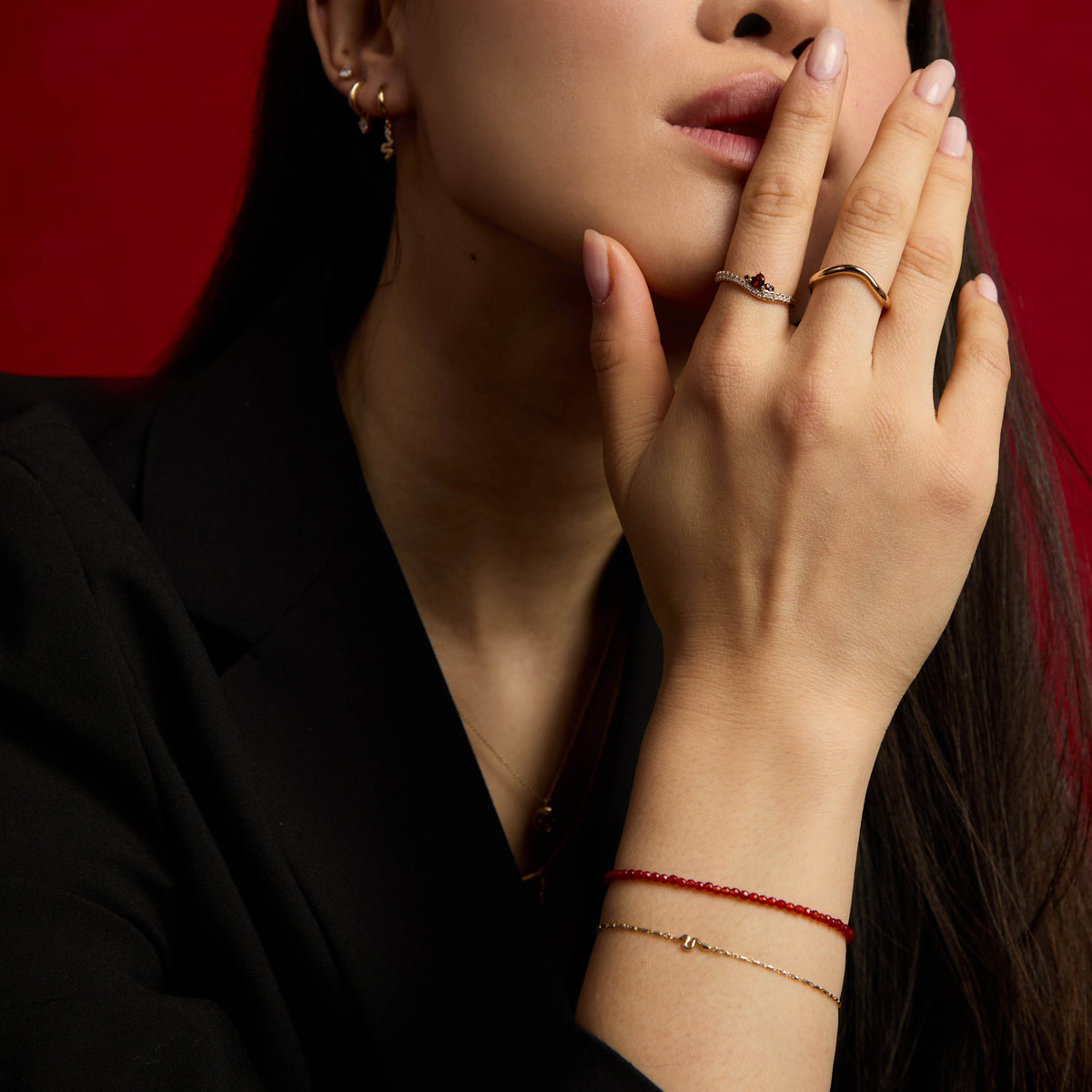18k Gold Plated Jewellery - Garnet Serpent Wave Ring in Gold - Band Rings - Astrid &amp; Miyu