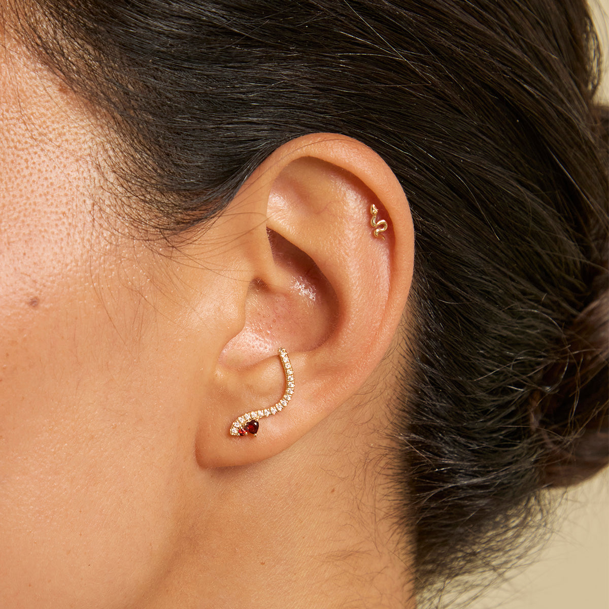 18k Gold Plated Jewellery - Garnet Serpent Climber Studs in Gold - Stud Earrings - Astrid &amp; Miyu