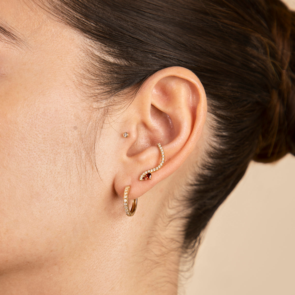 18k Gold Plated Jewellery - Garnet Serpent Climber Studs in Gold - Stud Earrings - Astrid &amp; Miyu
