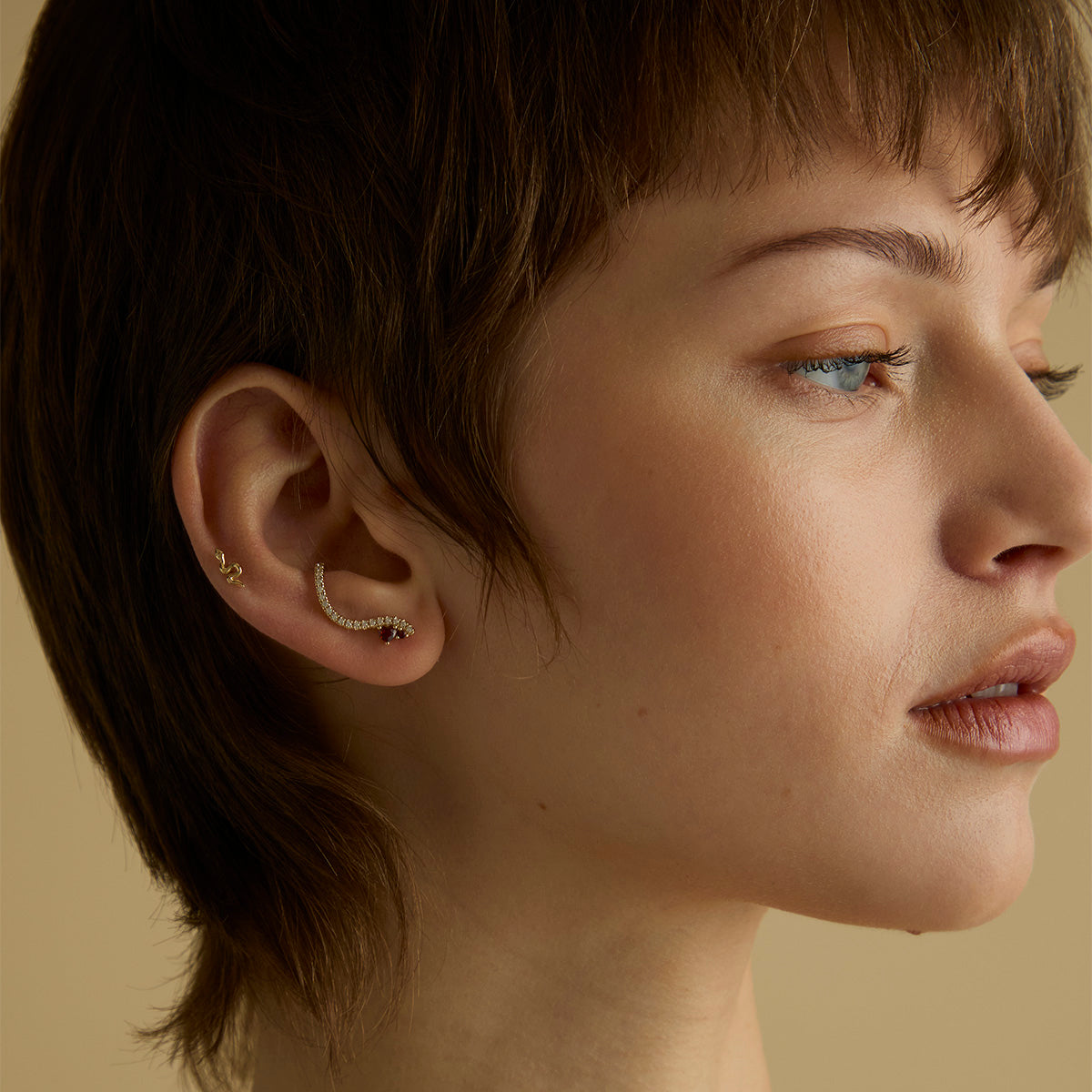 18k Gold Plated Jewellery - Garnet Serpent Climber Studs in Gold - Stud Earrings - Astrid &amp; Miyu