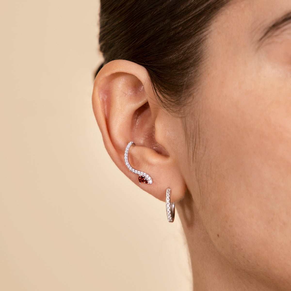 Climber Earrings - Garnet Serpent Climber Studs in Silver - Stud Earrings - Astrid &amp; Miyu