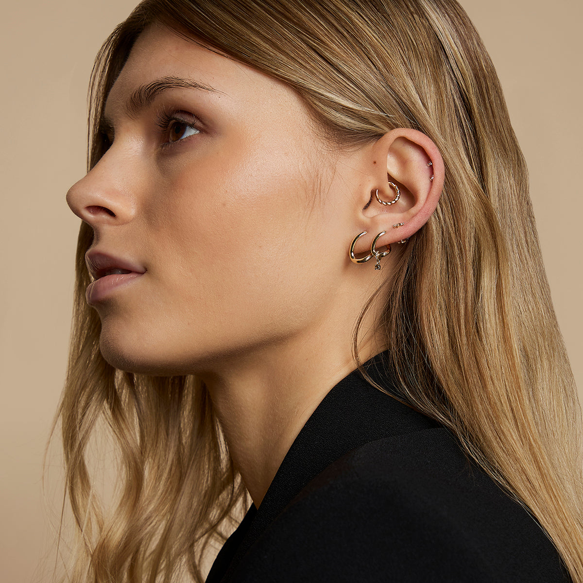 Diamond & Quartz Charm Molten Huggies in Solid Gold-Astrid &amp; Miyu
