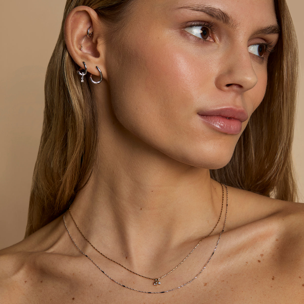 Diamond & Quartz Charm Molten Huggies in Solid White Gold-Astrid &amp; Miyu