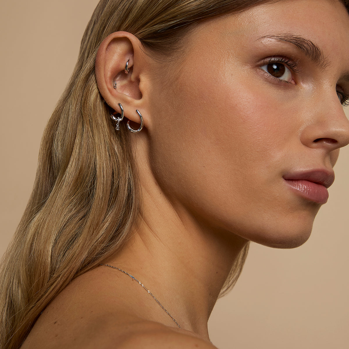 Diamond & Quartz Charm Molten Huggies in Solid White Gold-Astrid &amp; Miyu