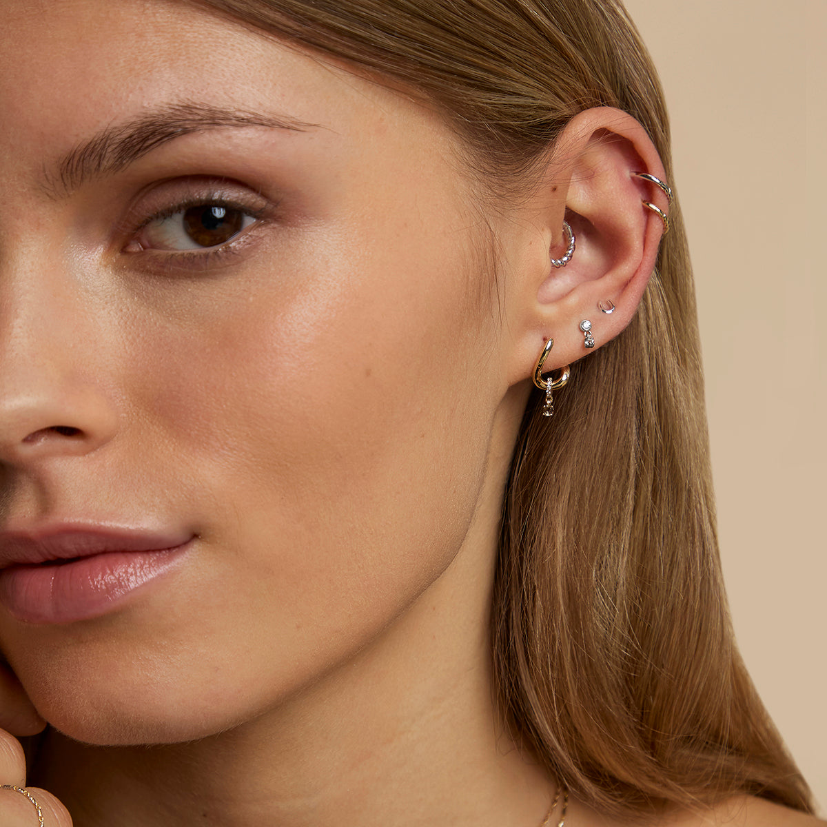 Diamond & Quartz Charm Studs in Solid White Gold-Astrid &amp; Miyu