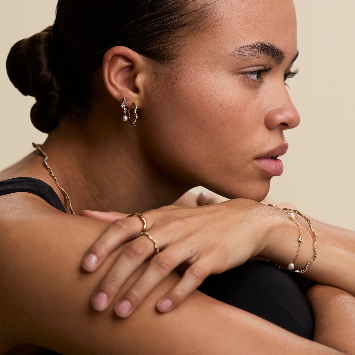 Scalloped Crystal Charm Studs in Gold-Astrid &amp; Miyu