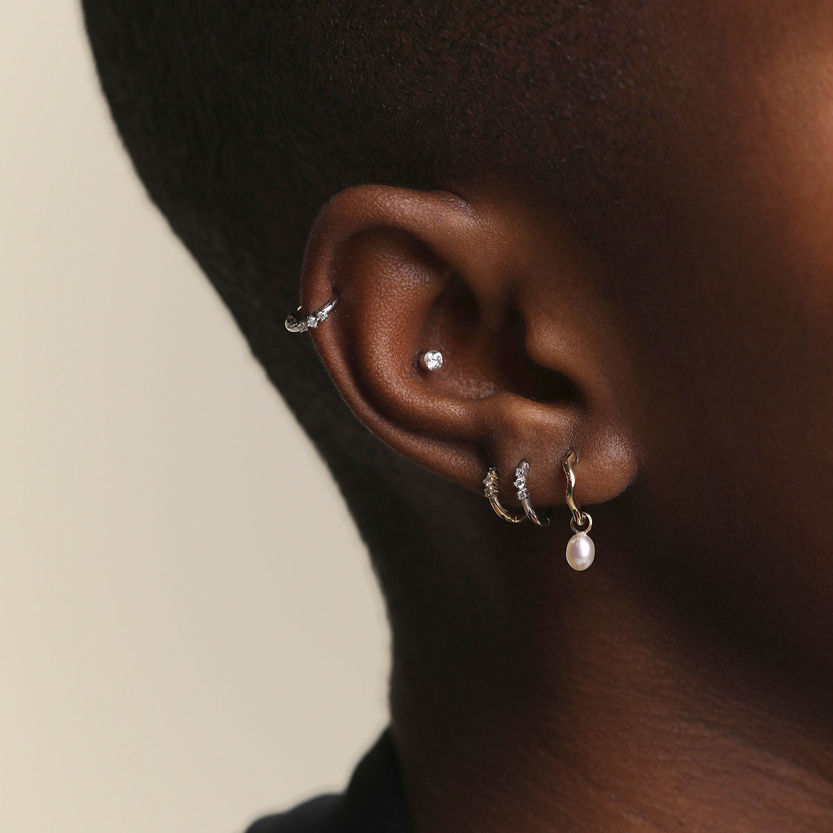 Diamond Triology Seamless Piercing Hoop in Solid White Gold-Astrid &amp; Miyu
