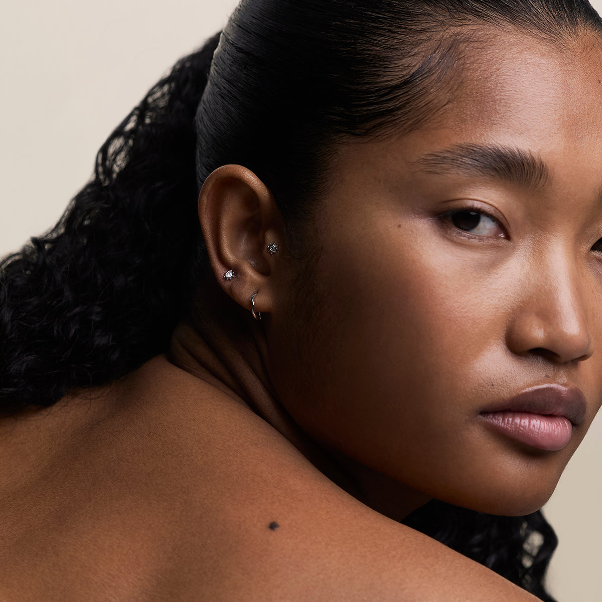 Moonstone Beaded Piercing Stud in Solid White Gold-Astrid &amp; Miyu