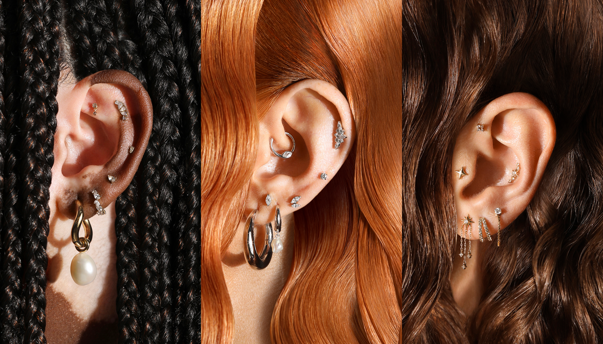 Three different views of an ear with earrings against various hair colors.