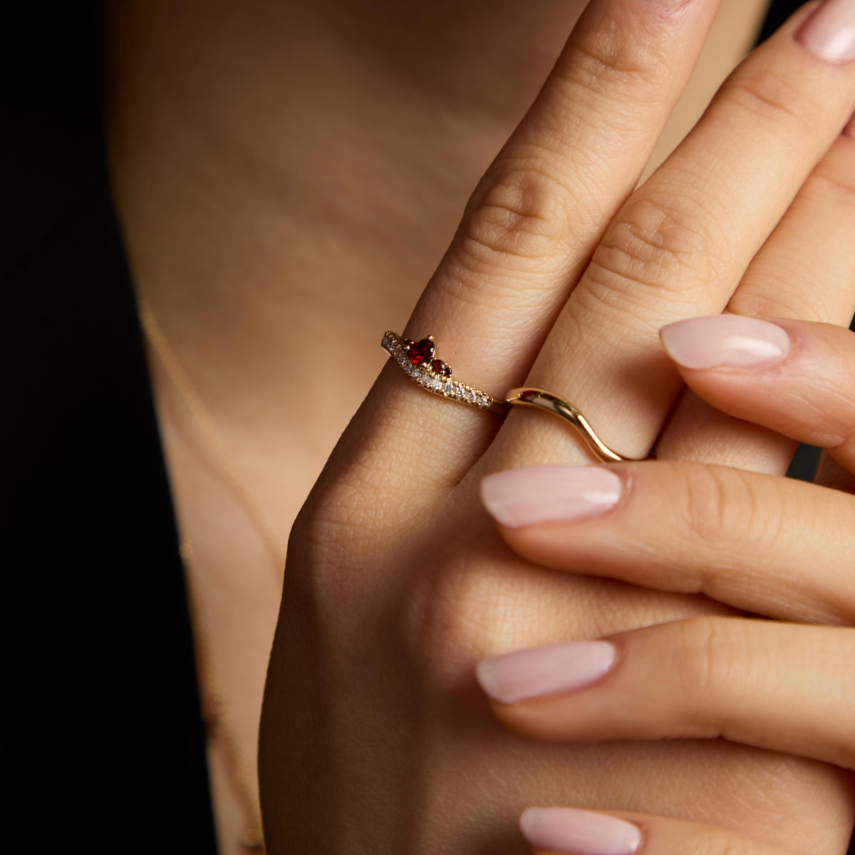 18k Gold Plated Jewellery - Garnet Serpent Wave Ring in Gold - Band Rings - Astrid &amp; Miyu