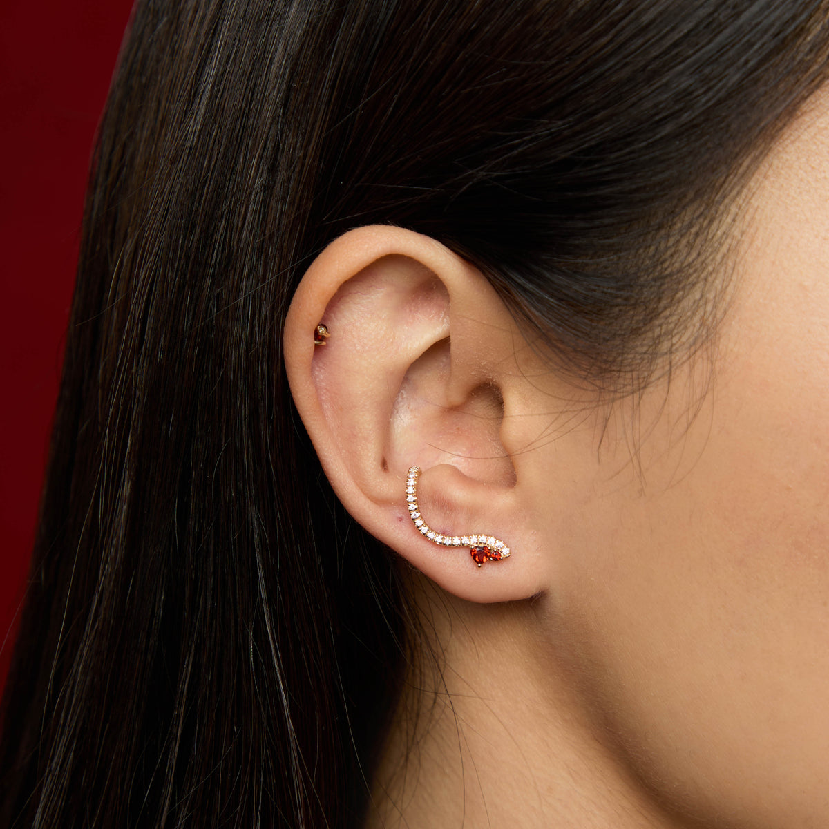 18k Gold Plated Jewellery - Garnet Serpent Climber Studs in Gold - Stud Earrings - Astrid &amp; Miyu