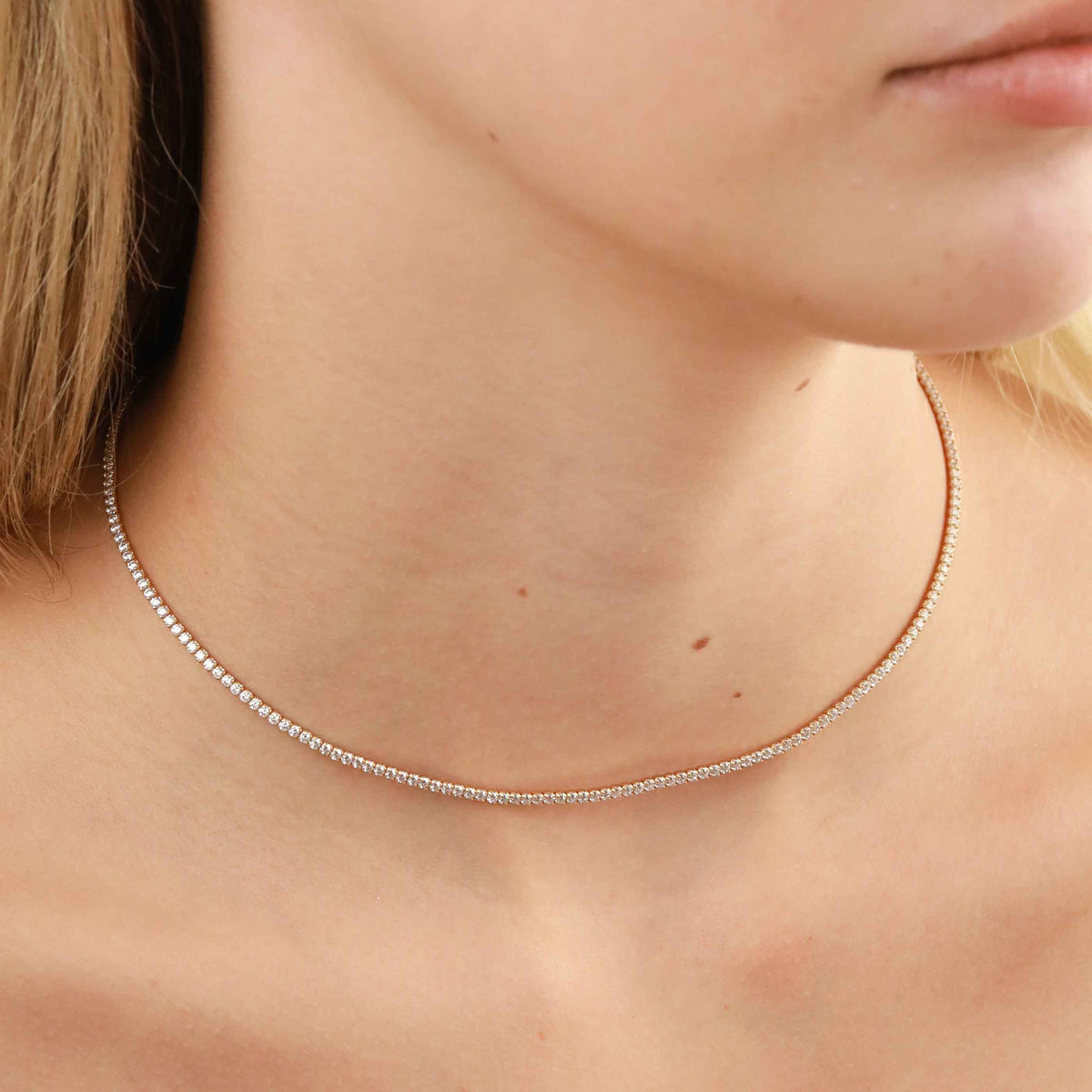 Tennis Chain Necklace in Gold worn