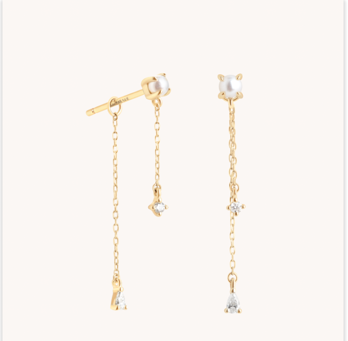 Diamond & Pearl Chain Studs in Solid Gold-Astrid &amp; Miyu
