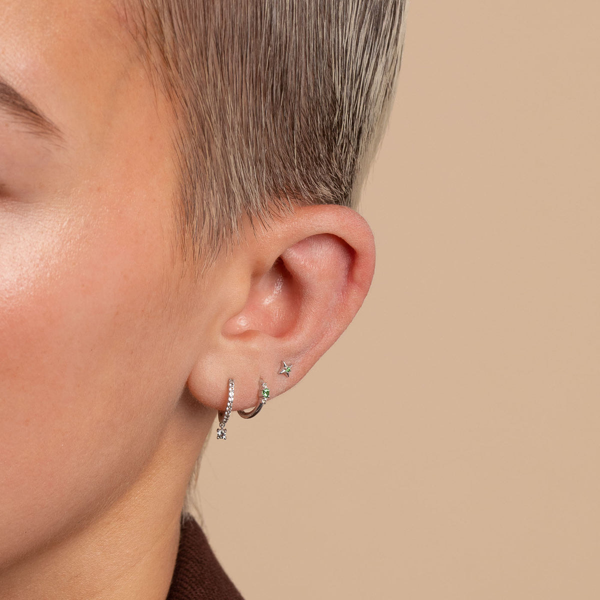 Topaz Charm Hoops in Solid White Gold Worn
