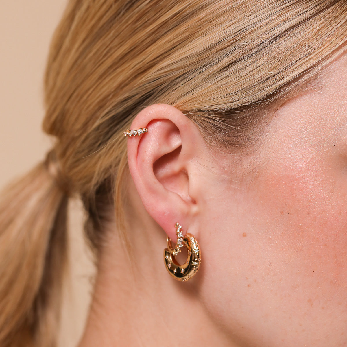 Celestial Crystal Hoop 6.5mm in Gold worn