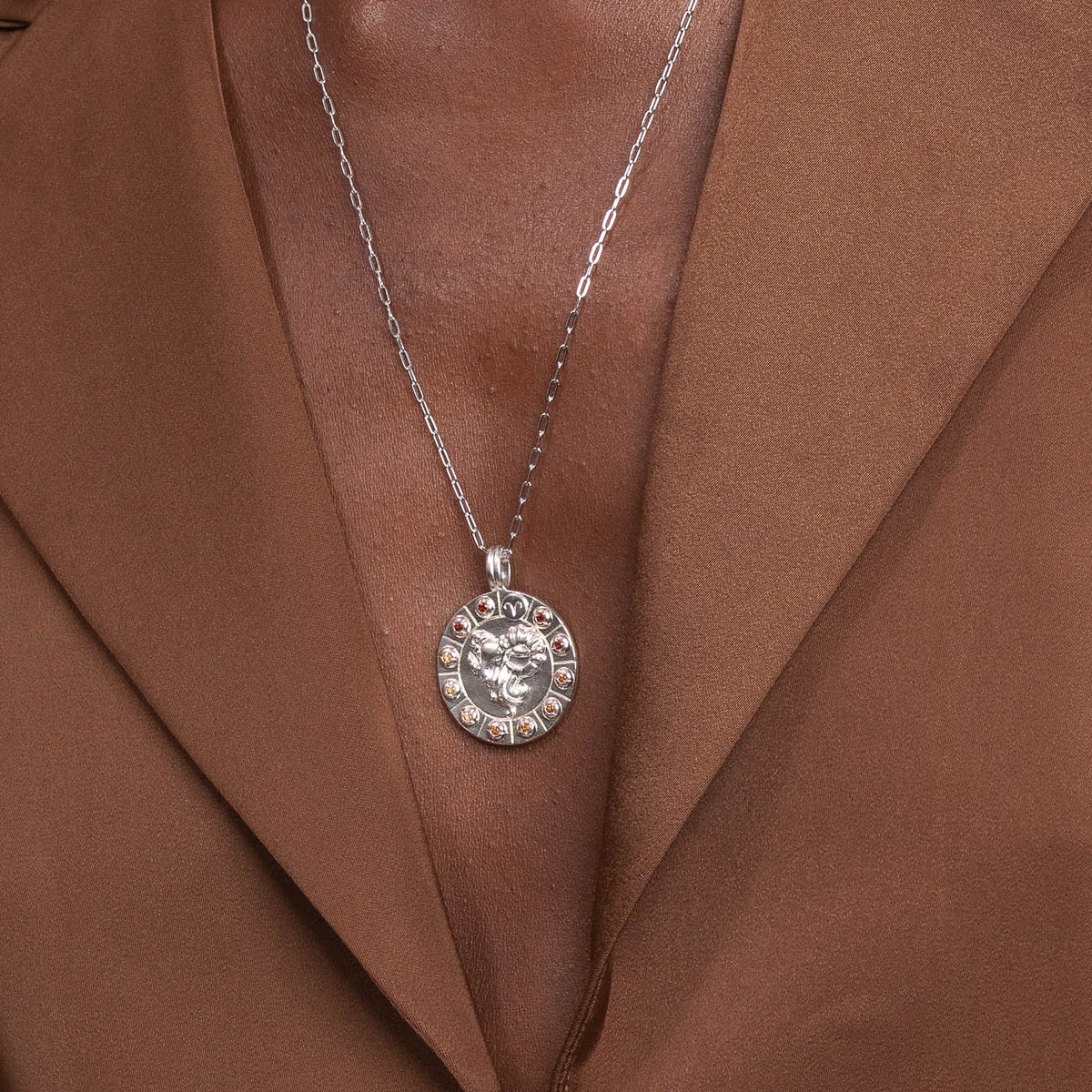Aries Bold Zodiac Pendant Necklace in Silver worn