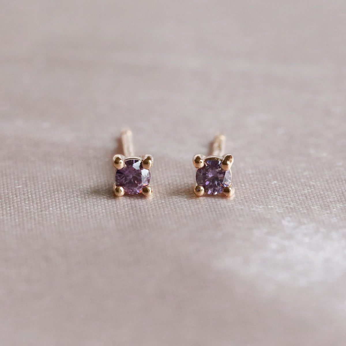 18k Gold Plated Jewellery - February Birthstone Stud Earrings in Gold with Amethyst CZ - Stud Earrings - Astrid &amp; Miyu