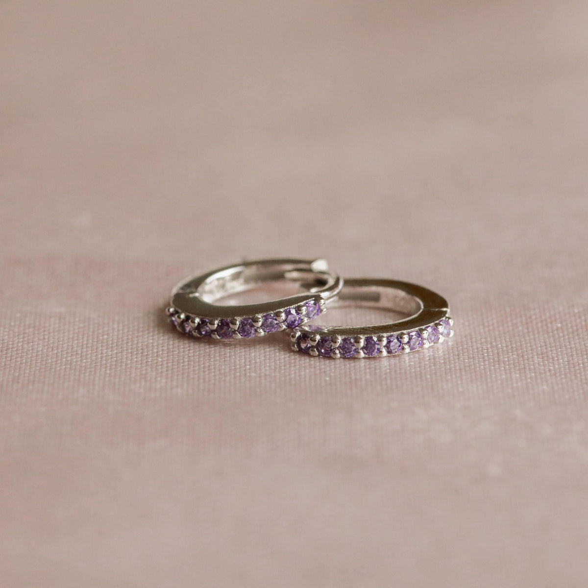 Birthstone Earrings - February Birthstone Huggies in Silver with Amethyst CZ - Huggies - Astrid &amp; Miyu
