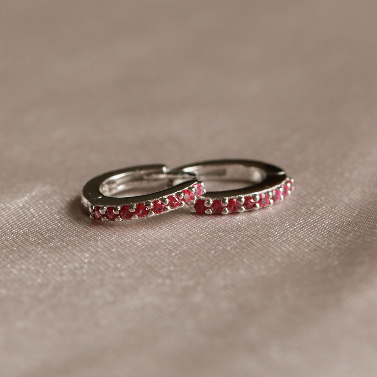 Birthstone Earrings - July Birthstone Huggies in Silver with Ruby CZ - Huggies - Astrid &amp; Miyu