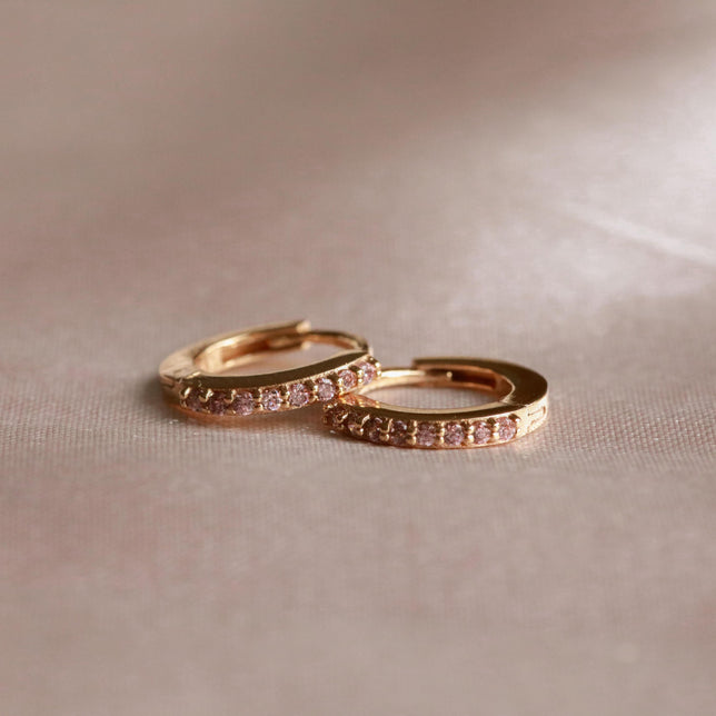 18k Gold Plated Jewellery - October Birthstone Huggies in Gold with Pink Tourmaline CZ - Huggies - Astrid &amp; Miyu