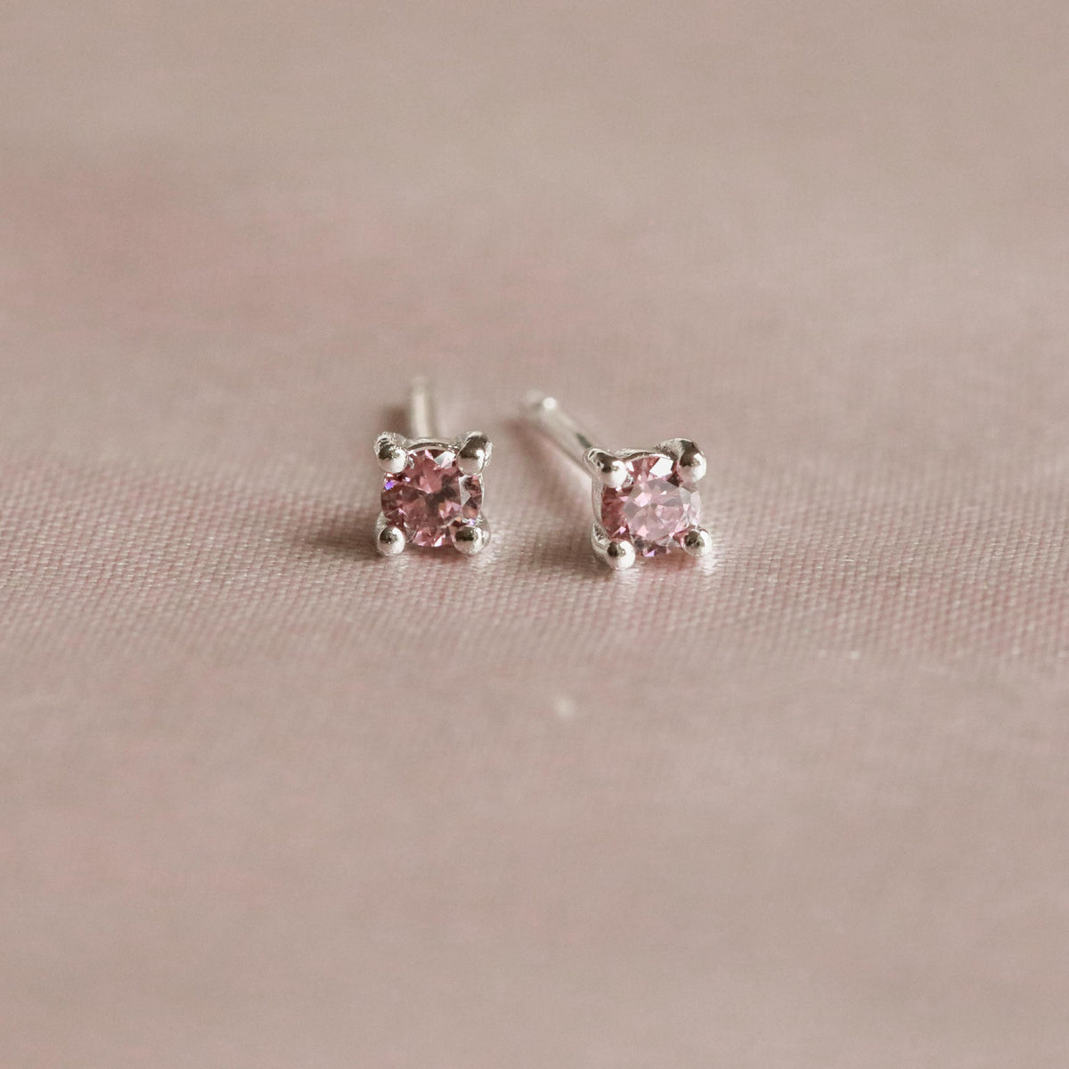 Birthstone Stud Earrings In Silver - October Birthstone Stud Earrings in Silver with Pink Tourmaline CZ - Stud Earrings - Astrid &amp; Miyu