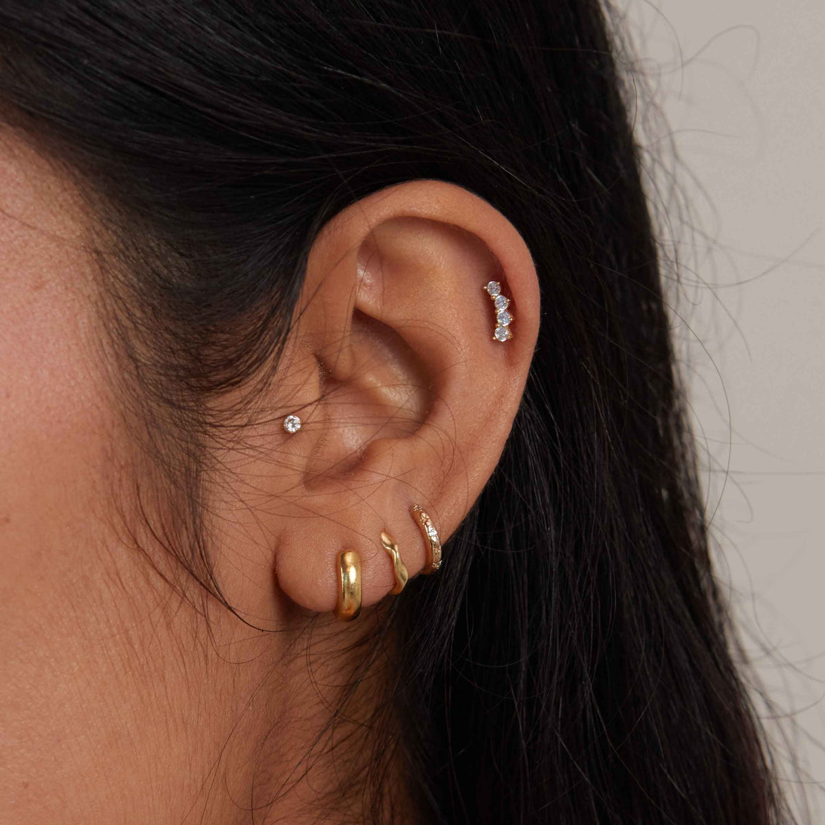 18k Gold Plated Jewellery - Curved Crystal Barbell in Gold - Barbell Earring - Astrid &amp; Miyu